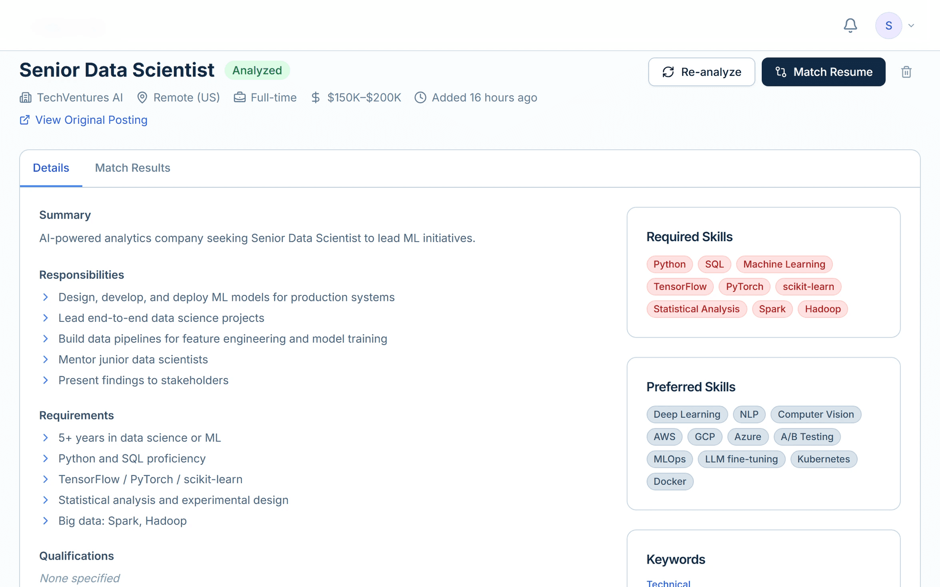 JobVouch job-description analysis showing required skills and keyword categories