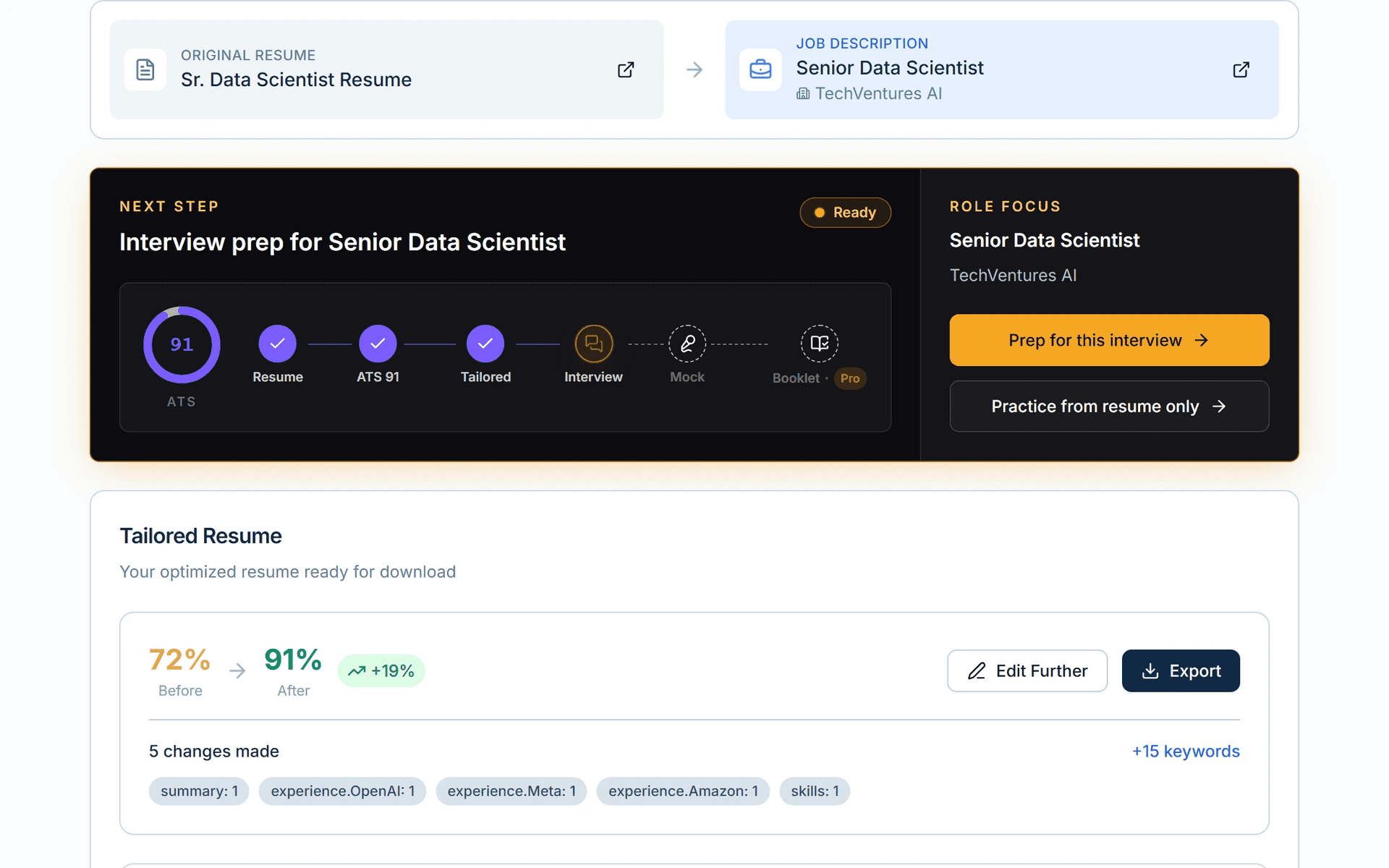 Tailored resume result with ghost-skill warnings and ATS score