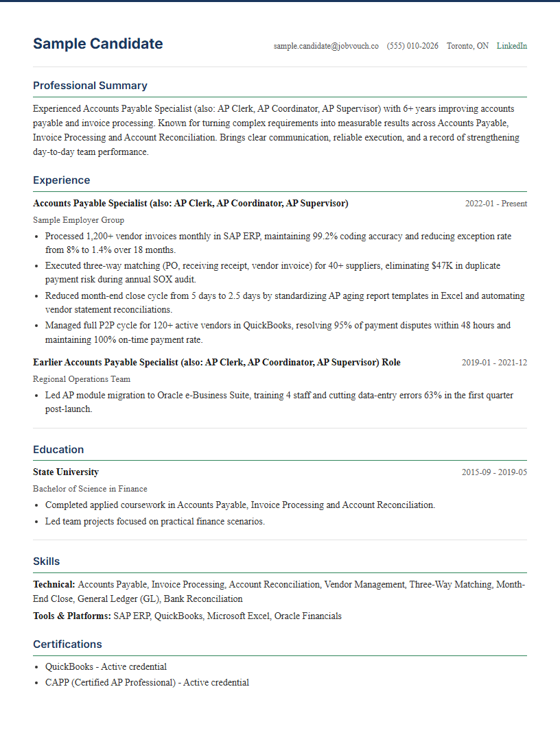 Accounts Payable Specialist (also: AP Clerk, AP Coordinator, AP Supervisor) resume template preview