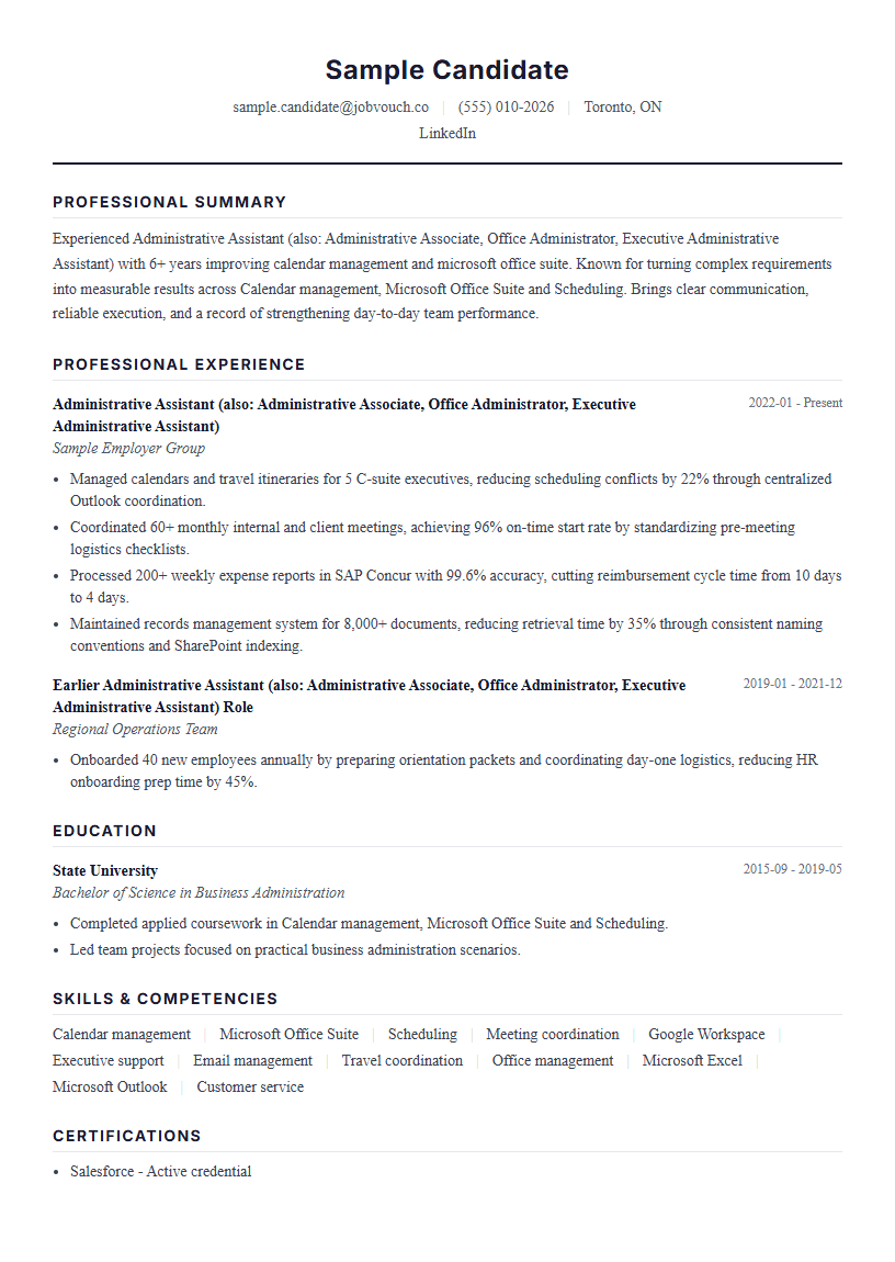 Administrative Assistant (also: Administrative Associate, Office Administrator, Executive Administrative Assistant) resume template preview