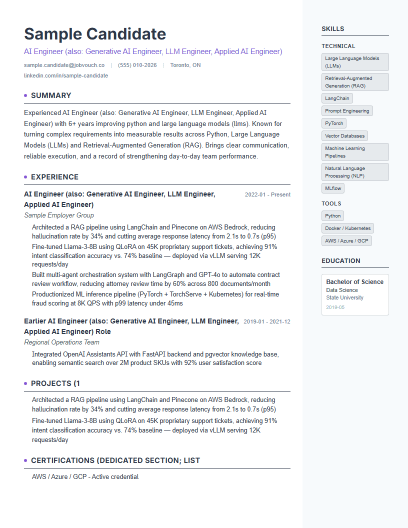 AI Engineer (also: Generative AI Engineer, LLM Engineer, Applied AI Engineer) resume template preview