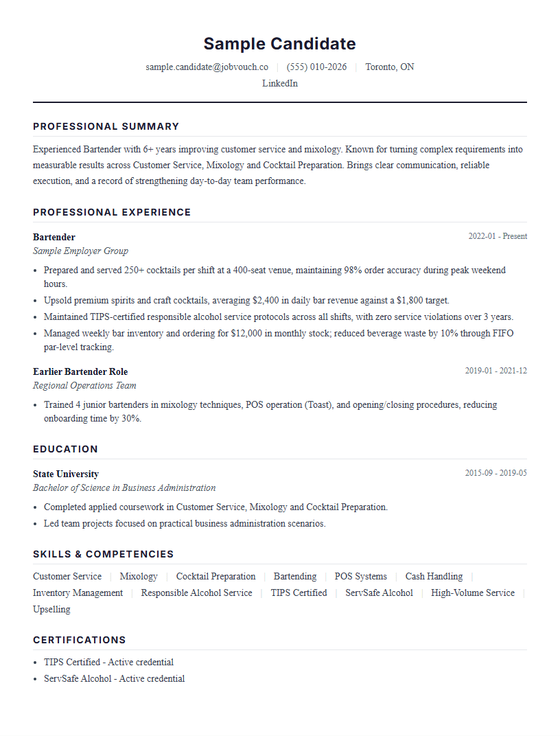 Bartender resume template preview