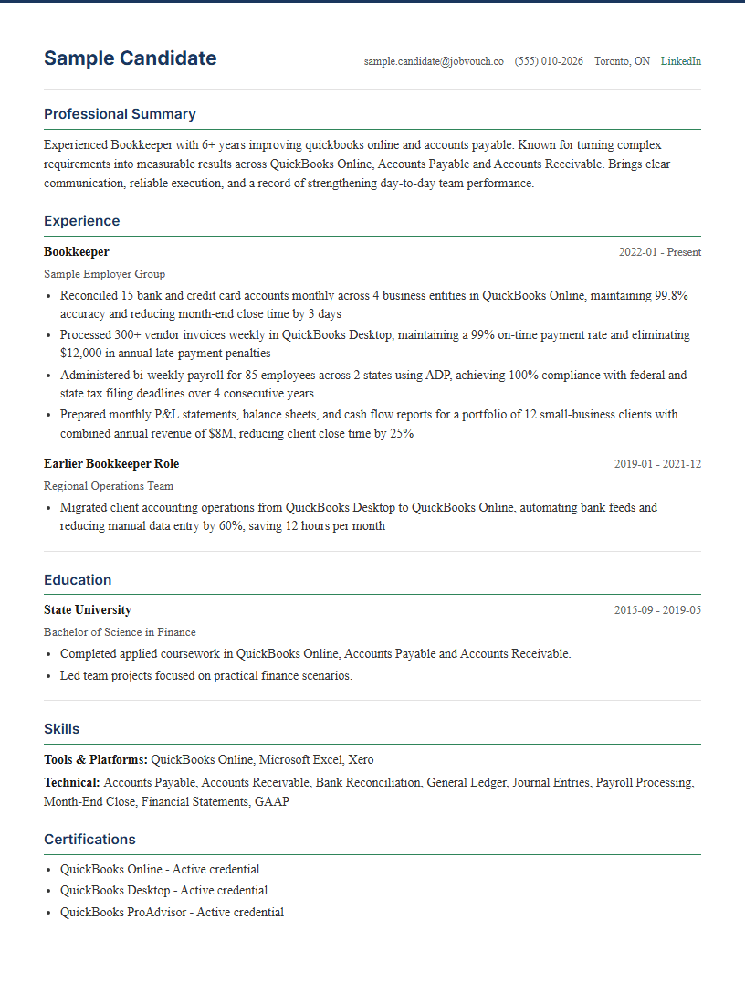 Bookkeeper resume template preview