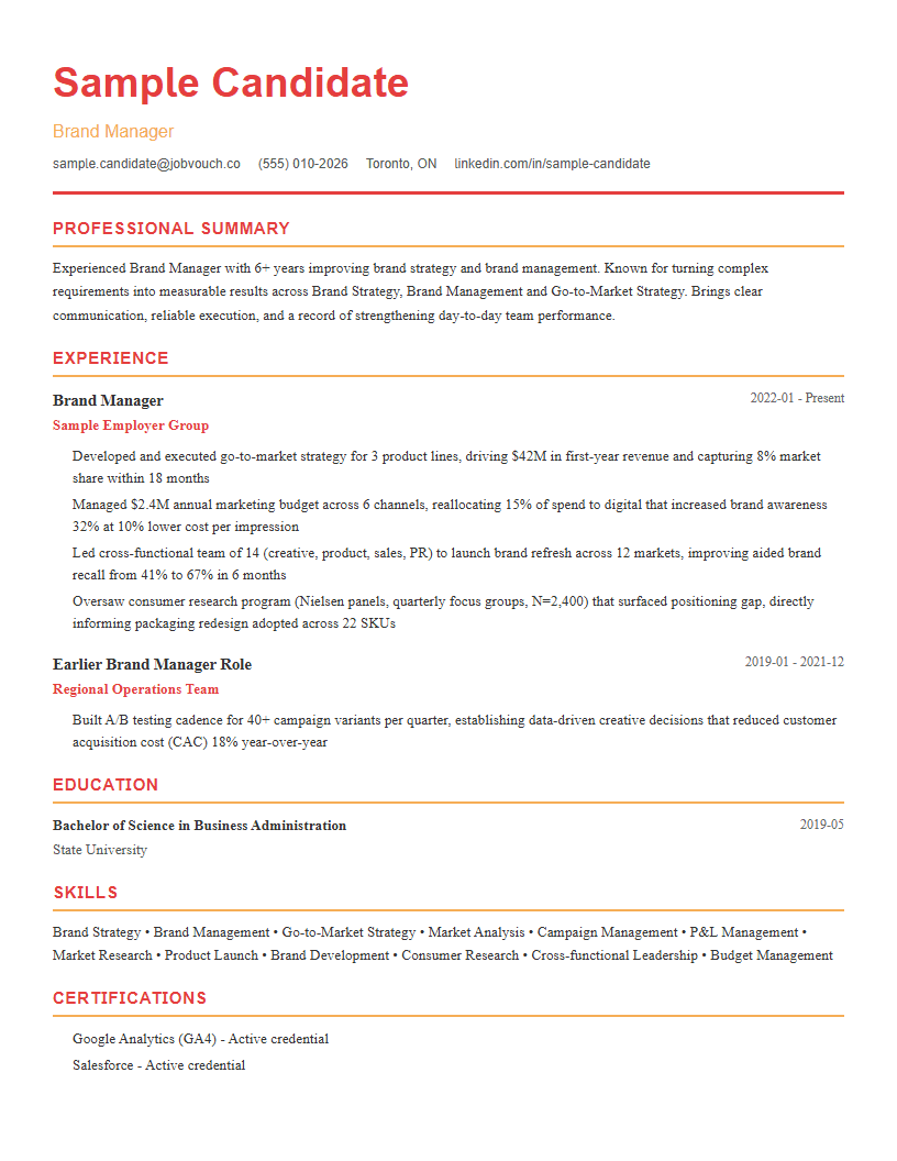 Brand Manager resume template preview