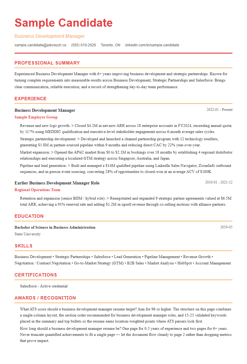 Business Development Manager resume template preview