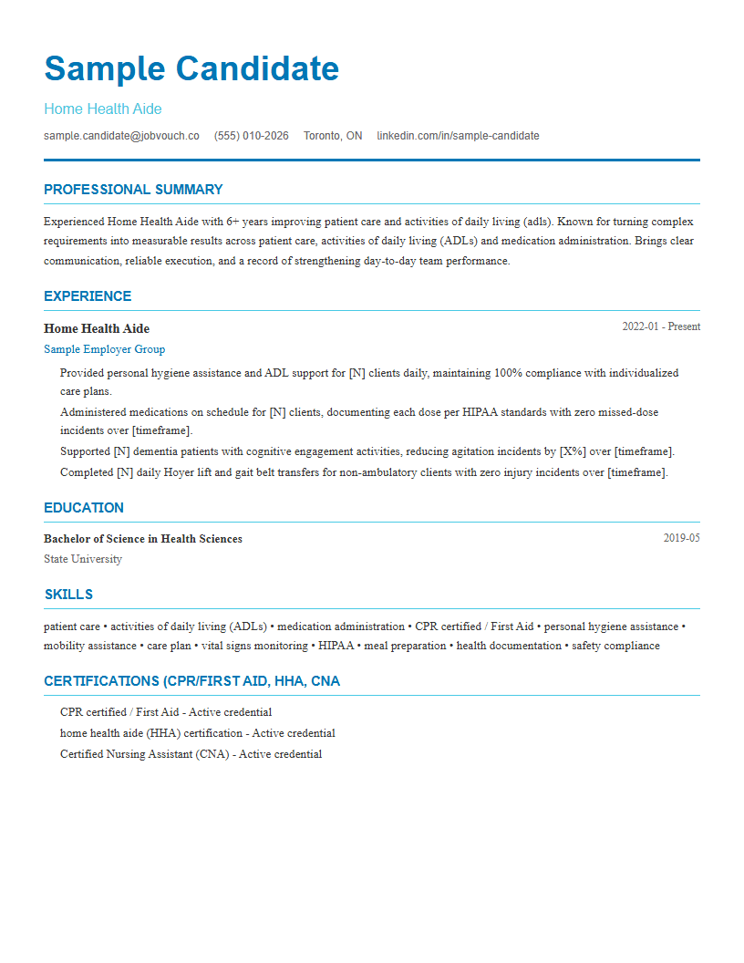 Home Health Aide resume template preview