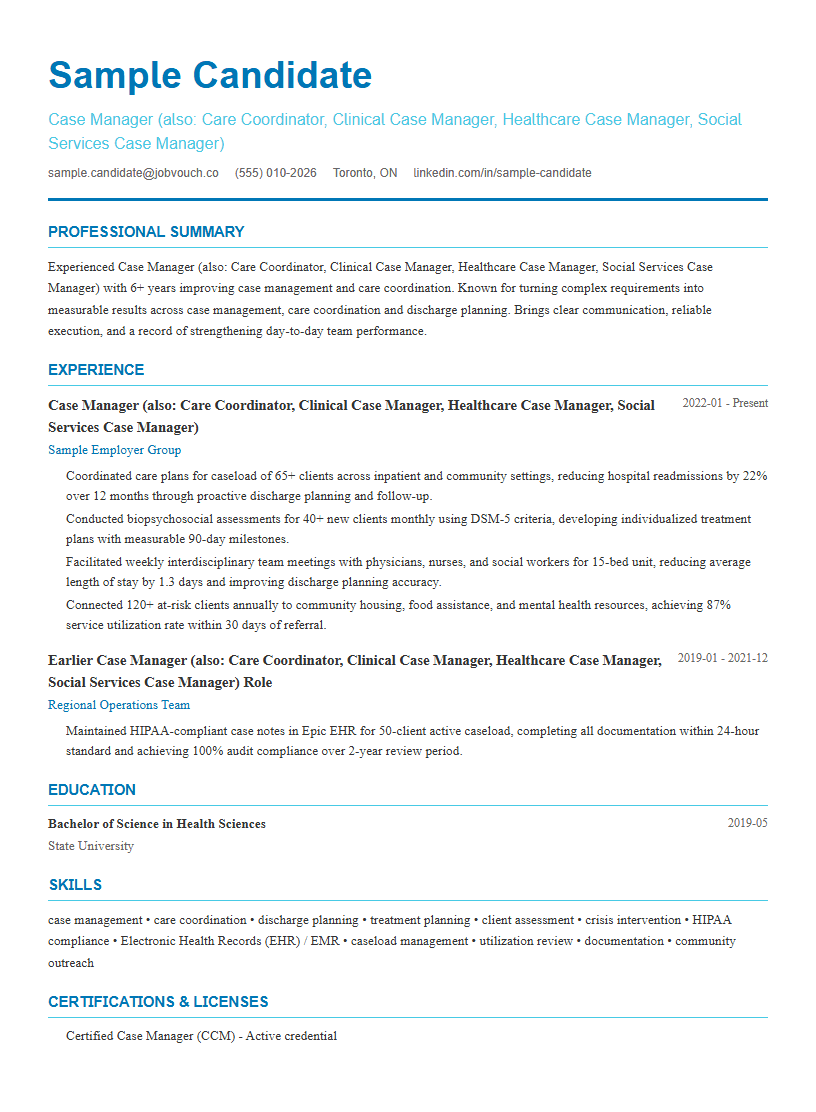 Case Manager (also: Care Coordinator, Clinical Case Manager, Healthcare Case Manager, Social Services Case Manager) resume template preview