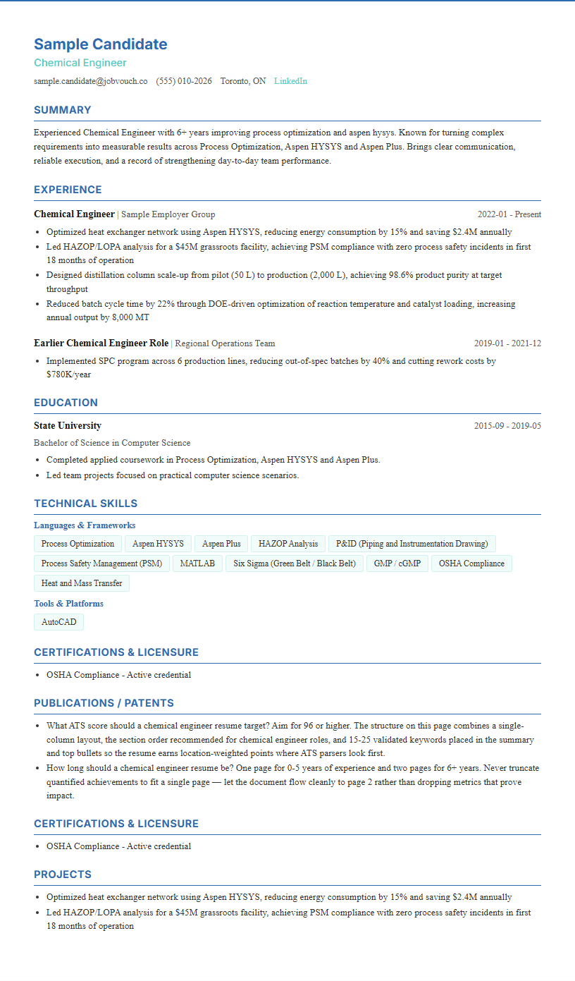 Chemical Engineer resume template preview