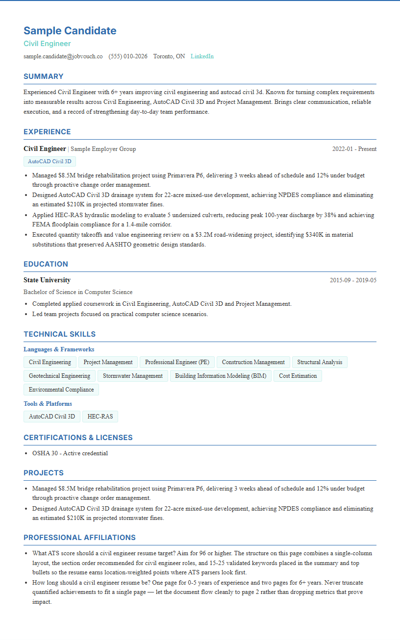 Civil Engineer resume template preview
