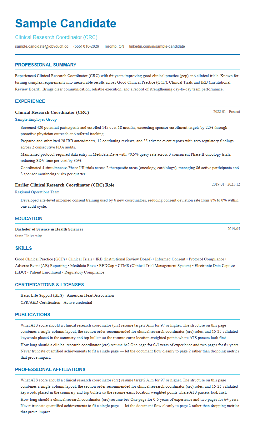 Clinical Research Coordinator (CRC) resume template preview