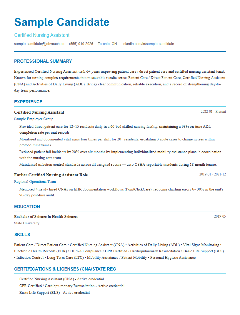Certified Nursing Assistant resume template preview