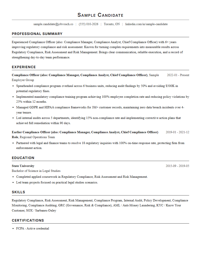 Compliance Officer (also: Compliance Manager, Compliance Analyst, Chief Compliance Officer) resume template preview