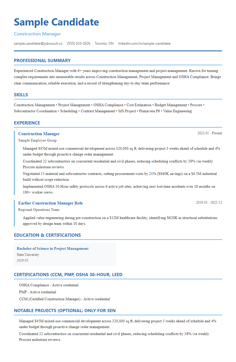 Construction Manager resume template preview