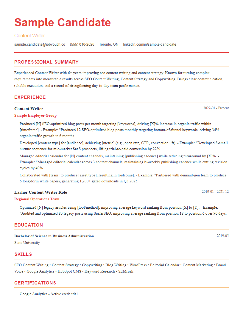 Content Writer resume template preview