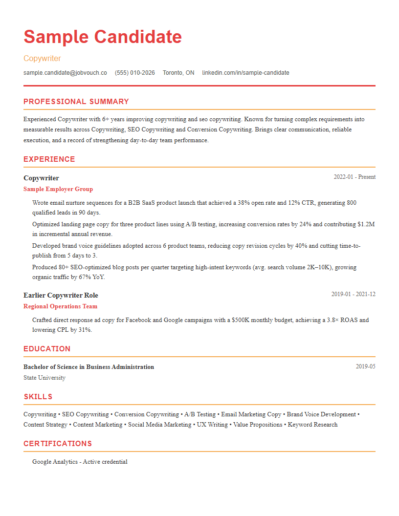 Copywriter resume template preview