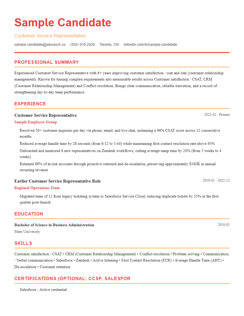 Customer Service Representative resume template preview