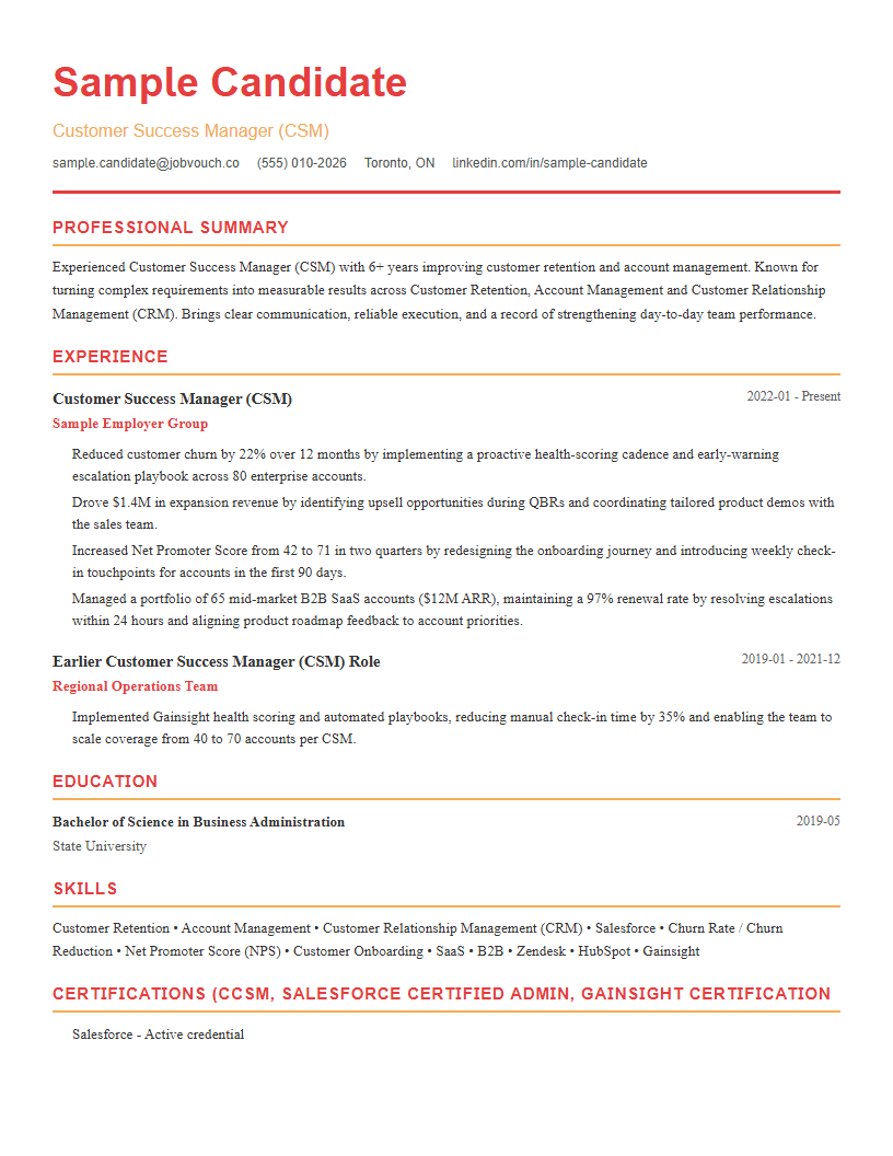 Customer Success Manager (CSM) resume template preview