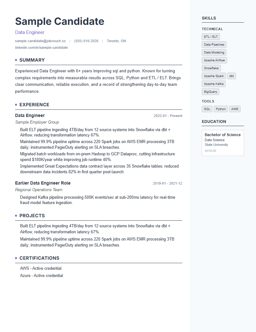 Data Engineer resume template preview