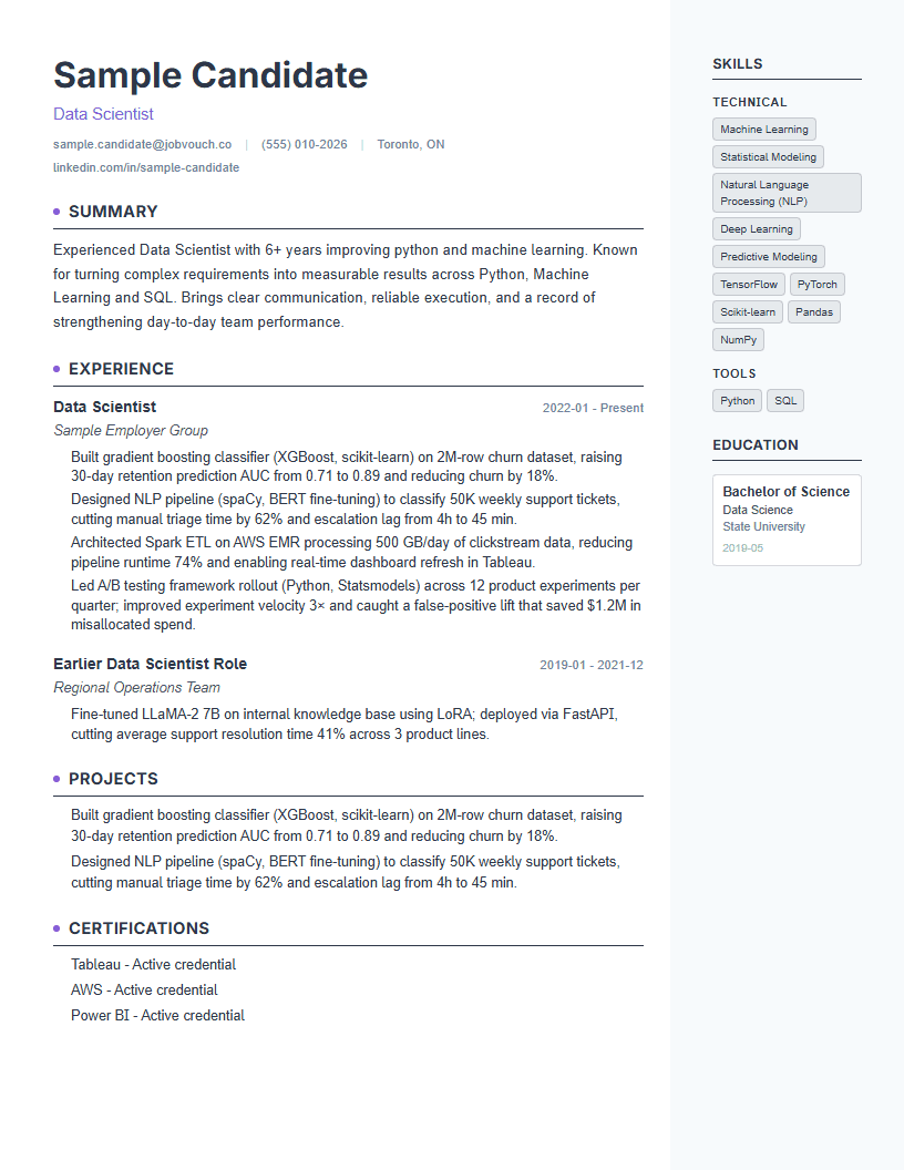 Data Scientist resume template preview