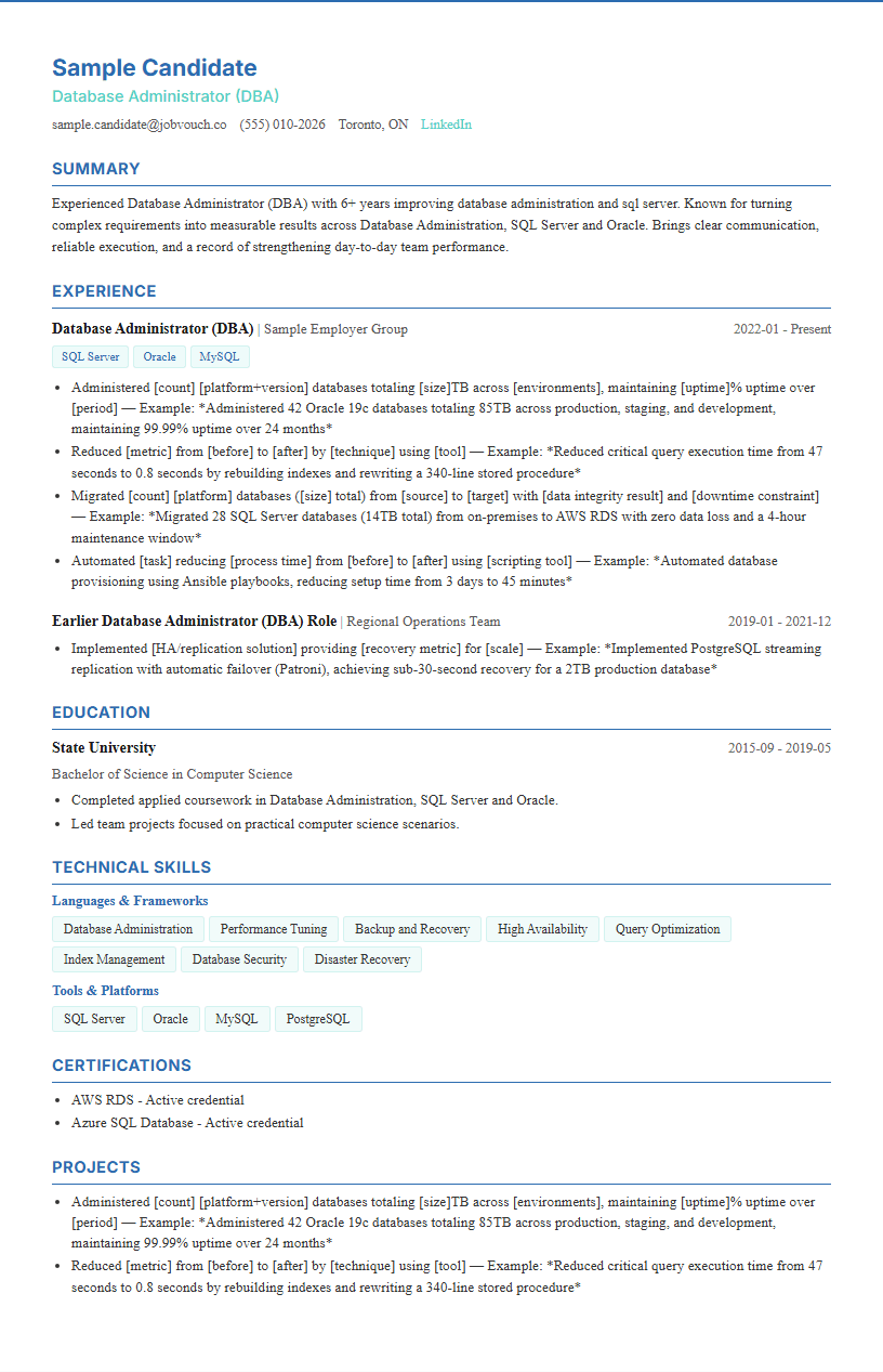 Database Administrator (DBA) resume template preview