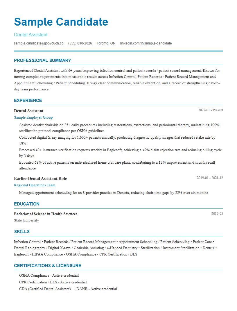 Dental Assistant resume template preview