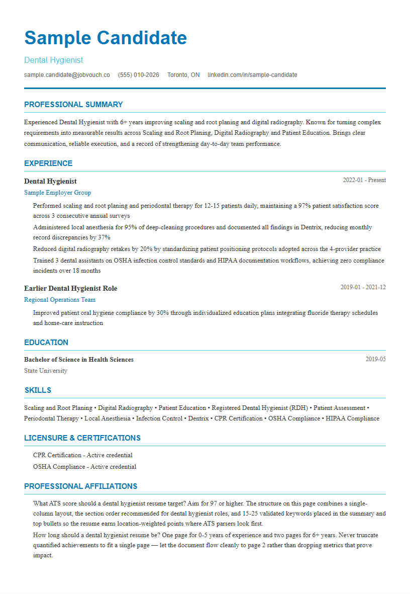 Dental Hygienist resume template preview