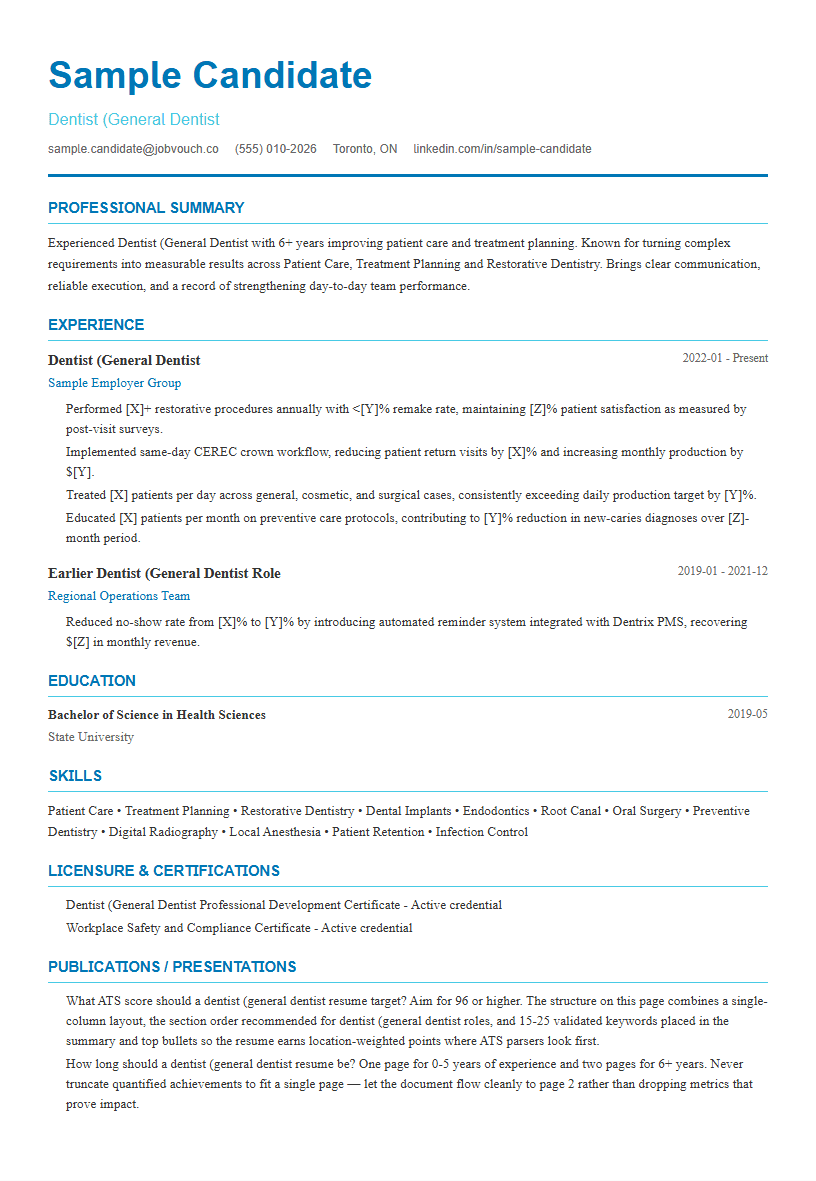 Dentist (General Dentist resume template preview
