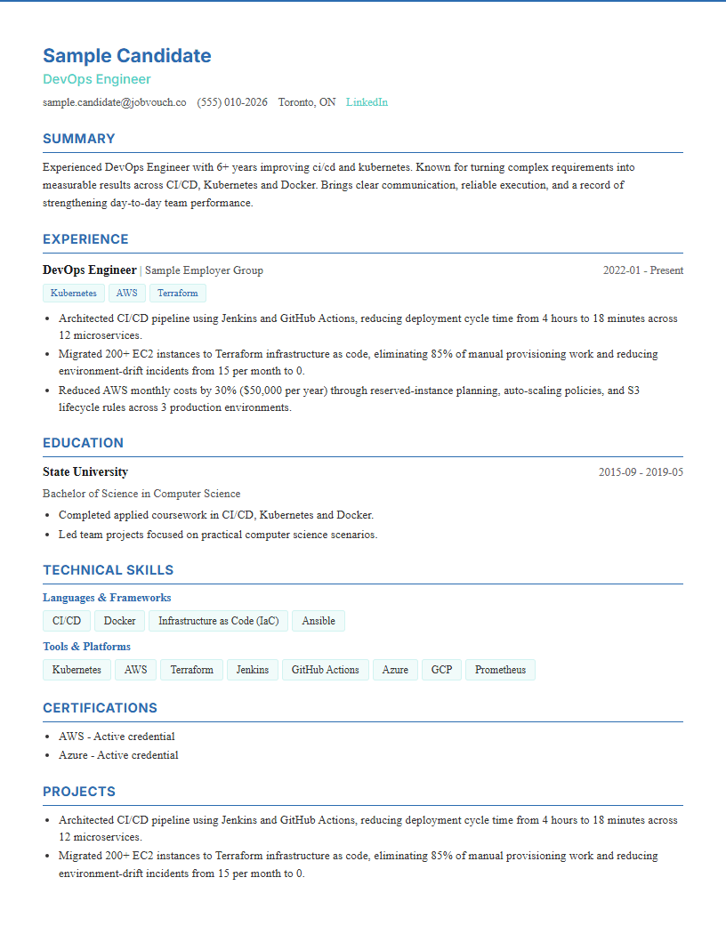 DevOps Engineer resume template preview