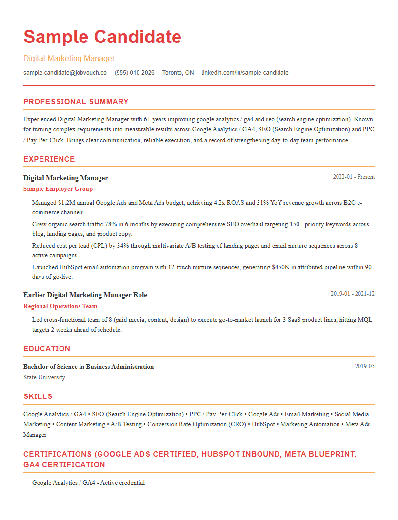 Digital Marketing Manager resume template preview