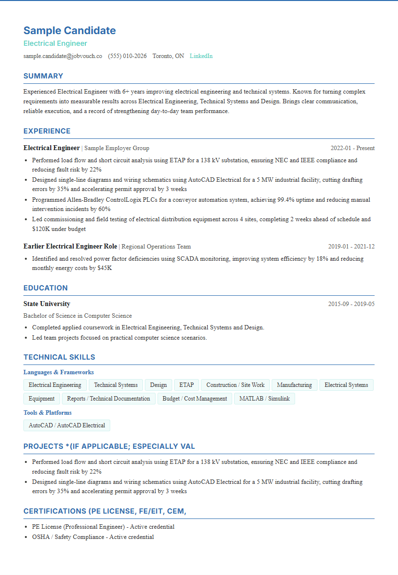Electrical Engineer resume template preview