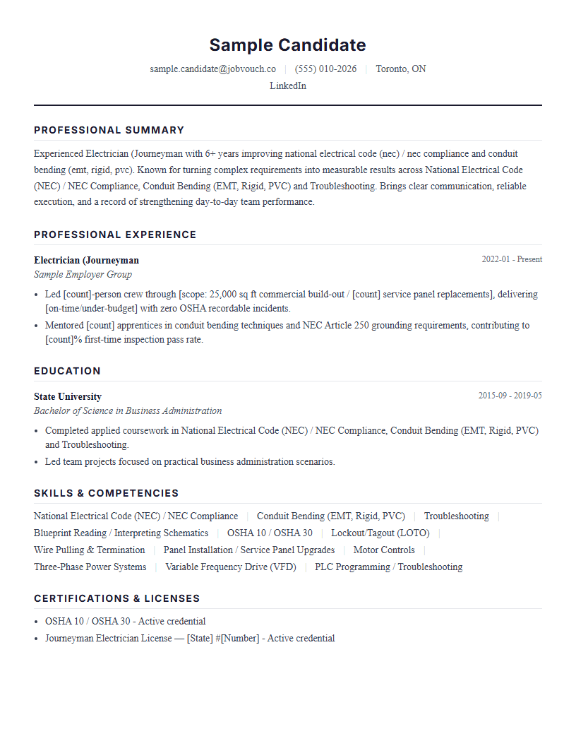 Electrician (Journeyman resume template preview