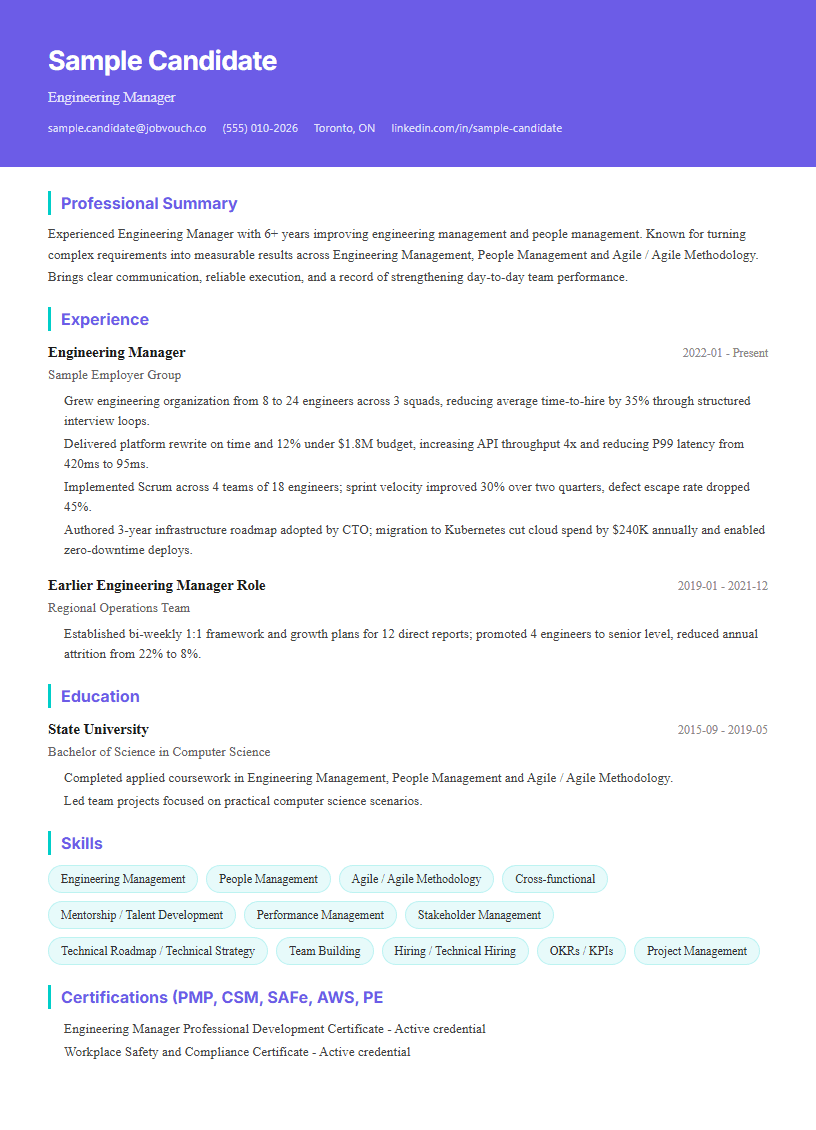 Engineering Manager resume template preview