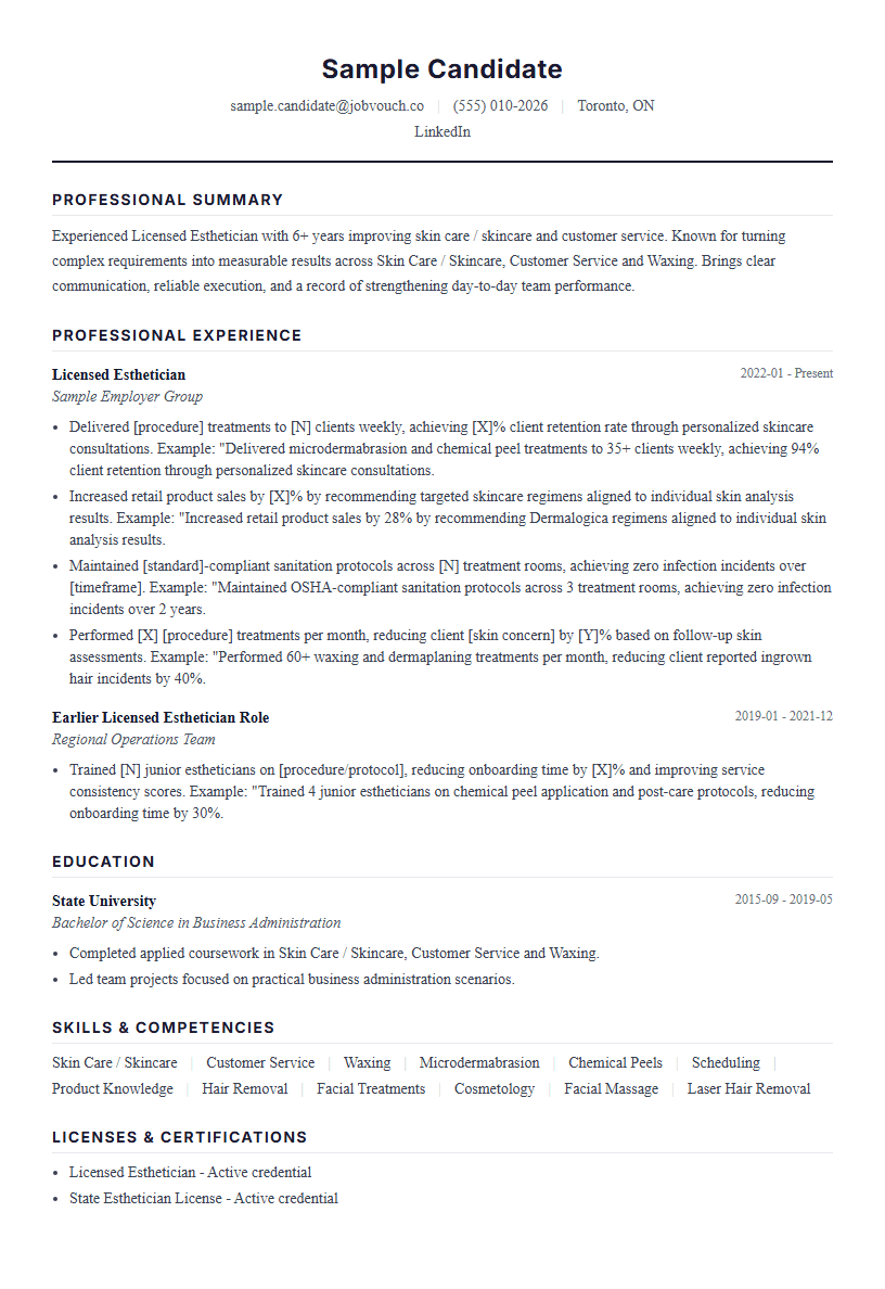Licensed Esthetician resume example preview