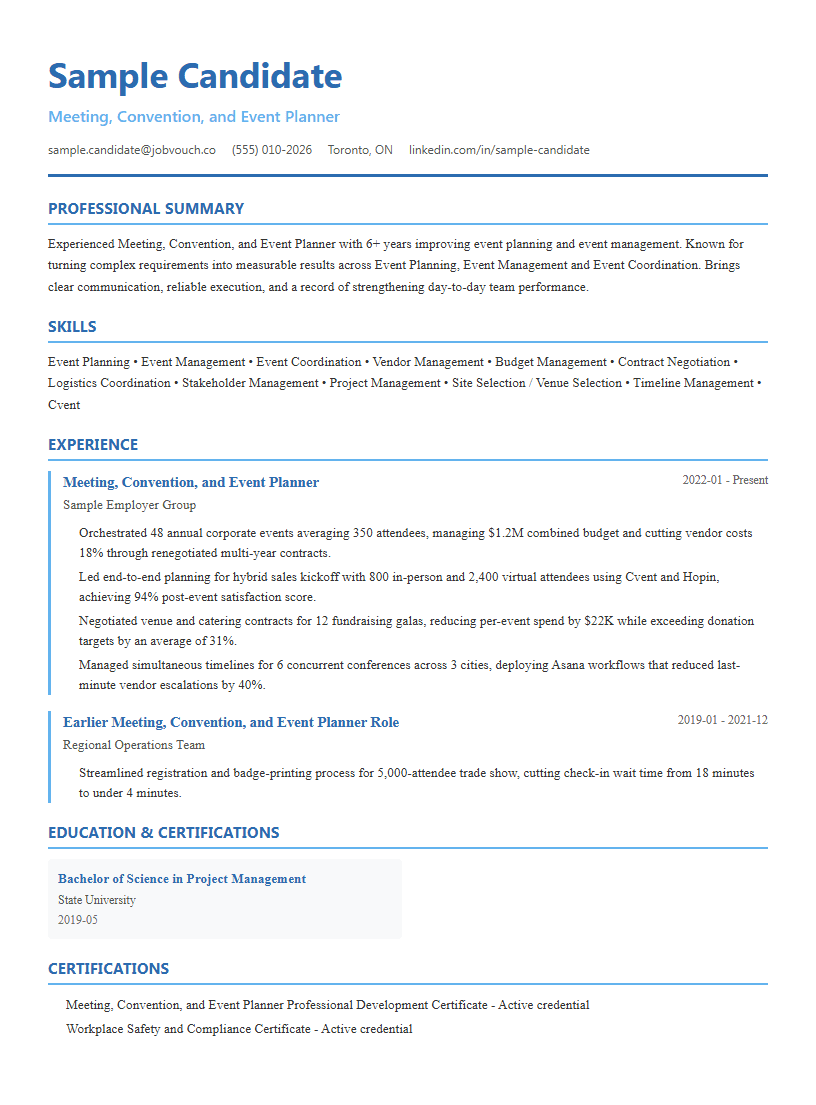 Meeting, Convention, and Event Planner resume template preview
