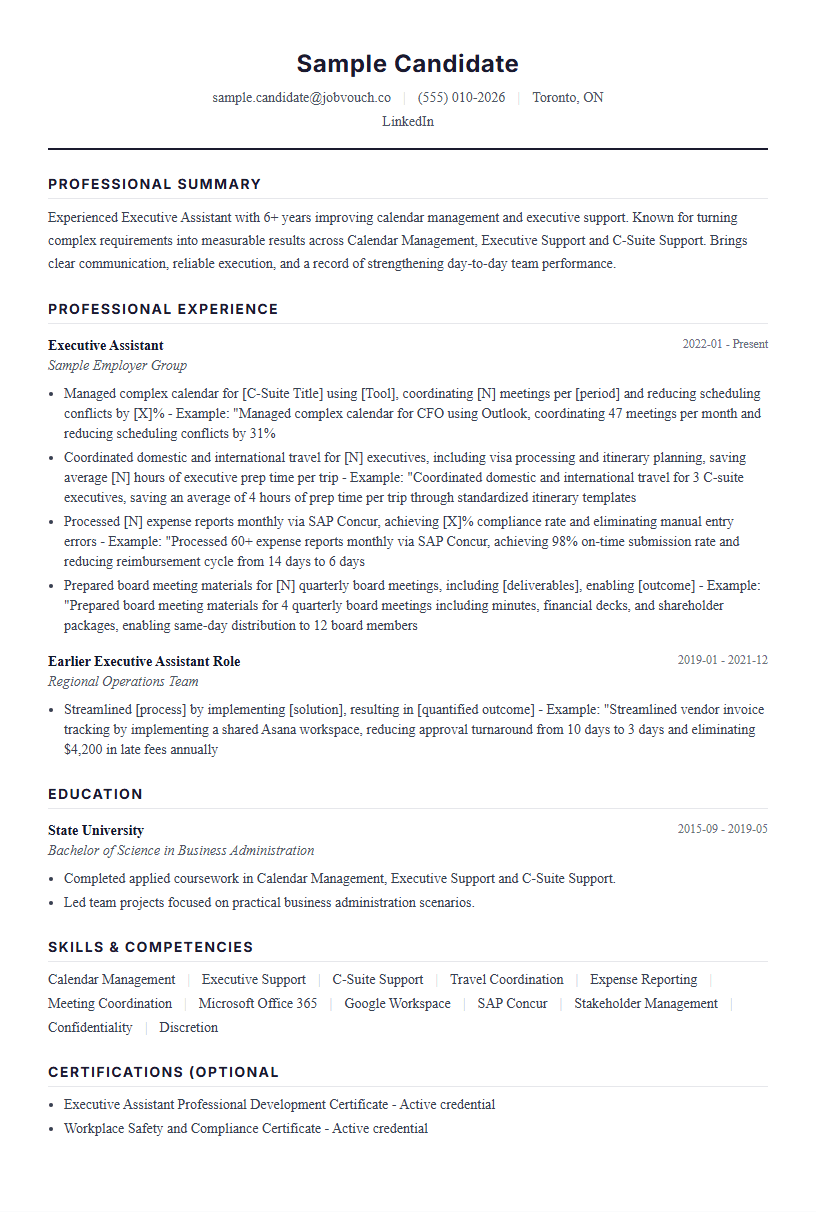 Executive Assistant resume template preview