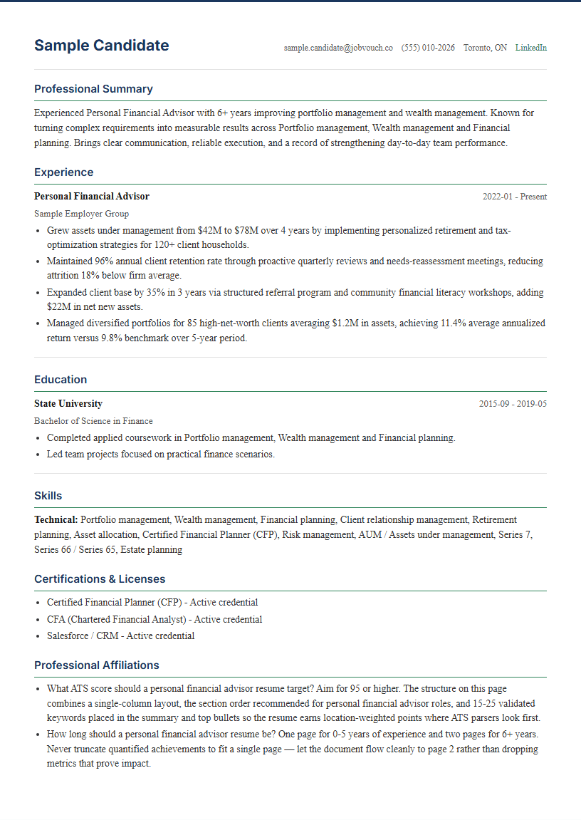Personal Financial Advisor resume template preview