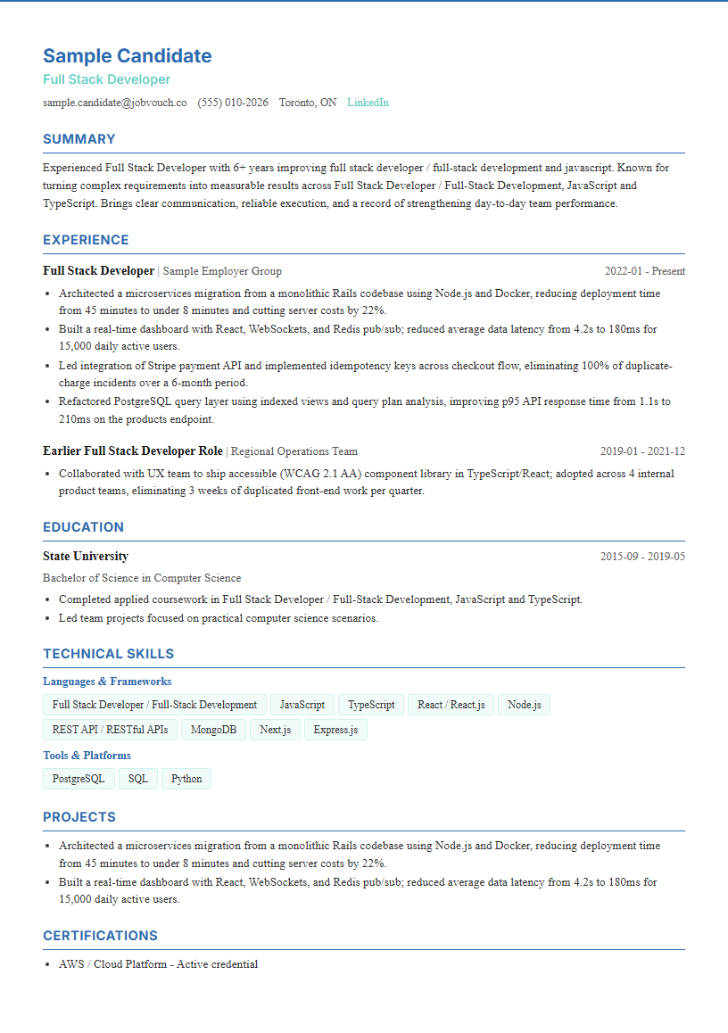 Full Stack Developer resume template preview