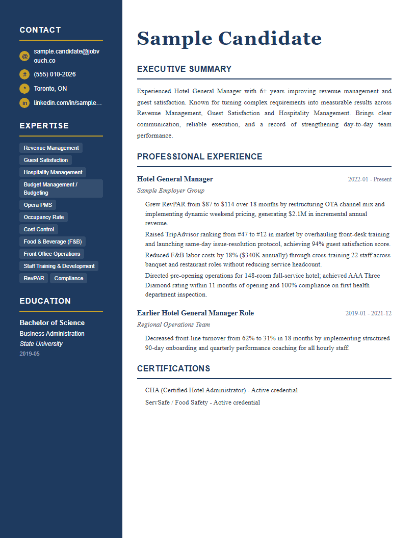 Hotel General Manager resume template preview