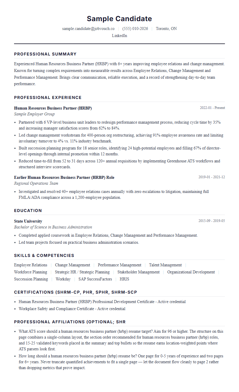 Human Resources Business Partner (HRBP) resume template preview