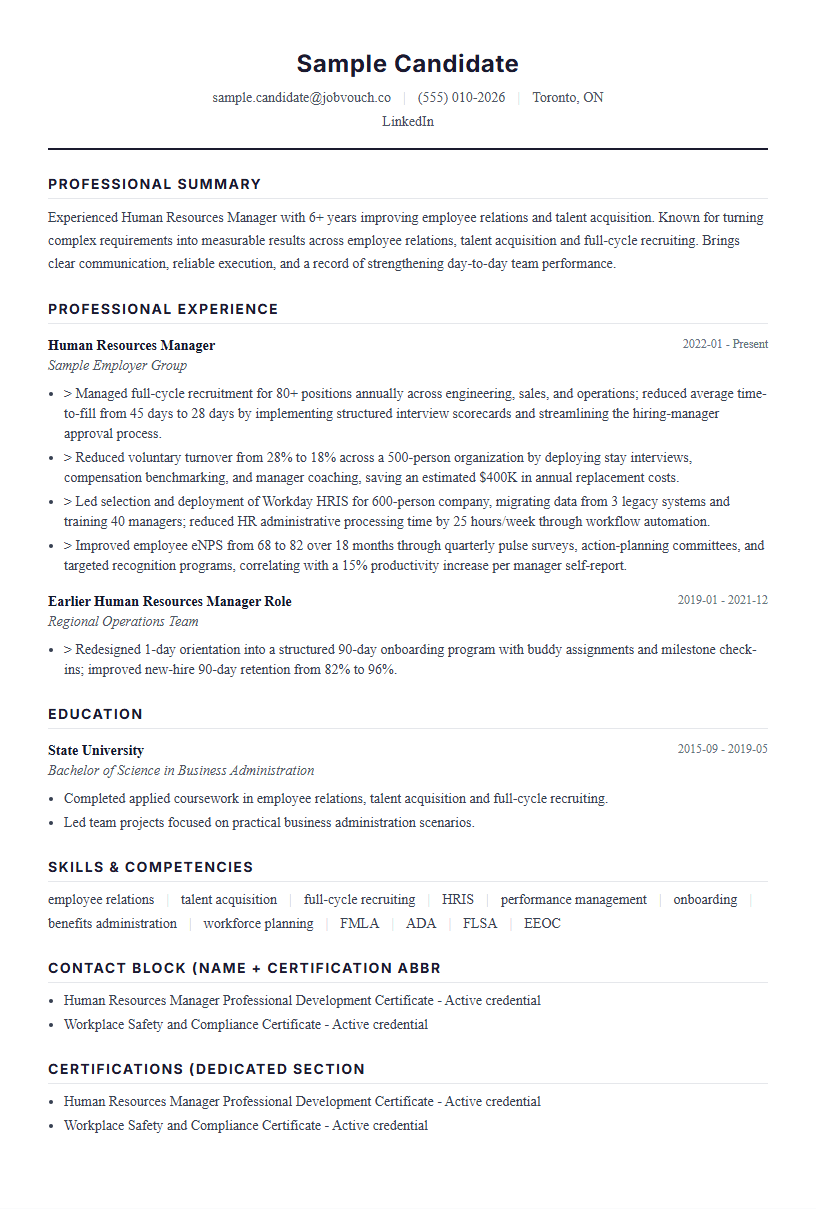 Human Resources Manager resume template preview
