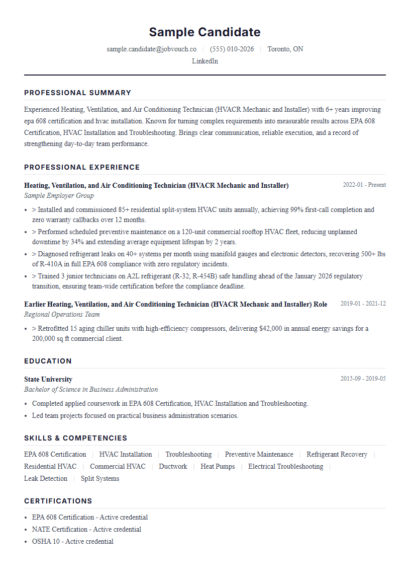 Heating, Ventilation, and Air Conditioning Technician (HVACR Mechanic and Installer) resume template preview