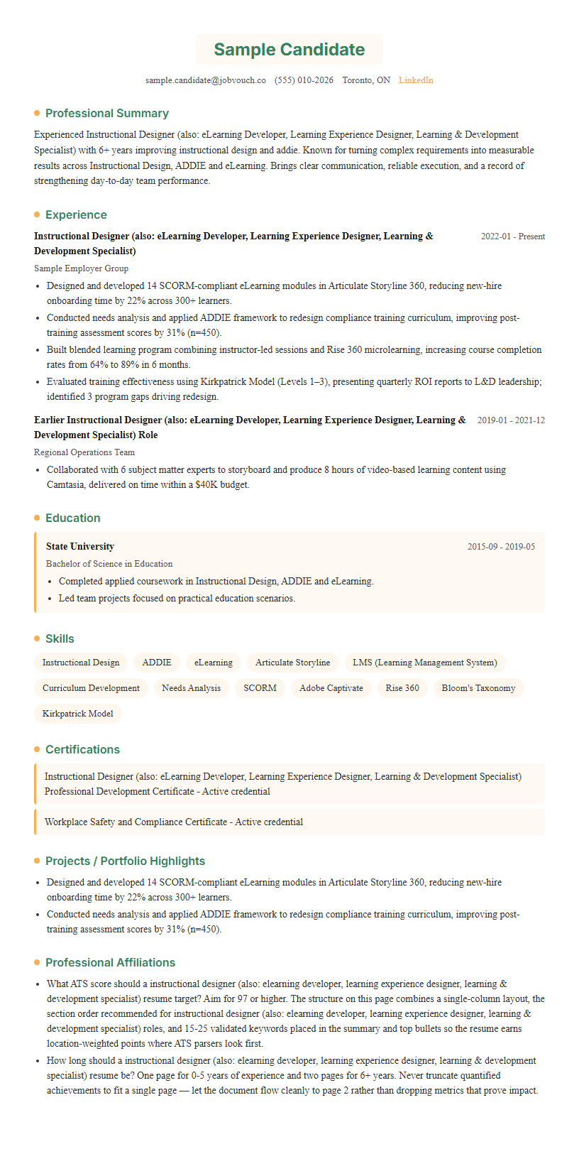 Instructional Designer (also: eLearning Developer, Learning Experience Designer, Learning & Development Specialist) resume template preview