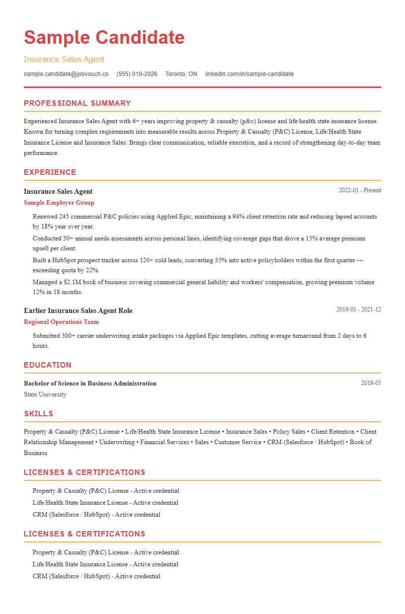 Insurance Sales Agent resume template preview