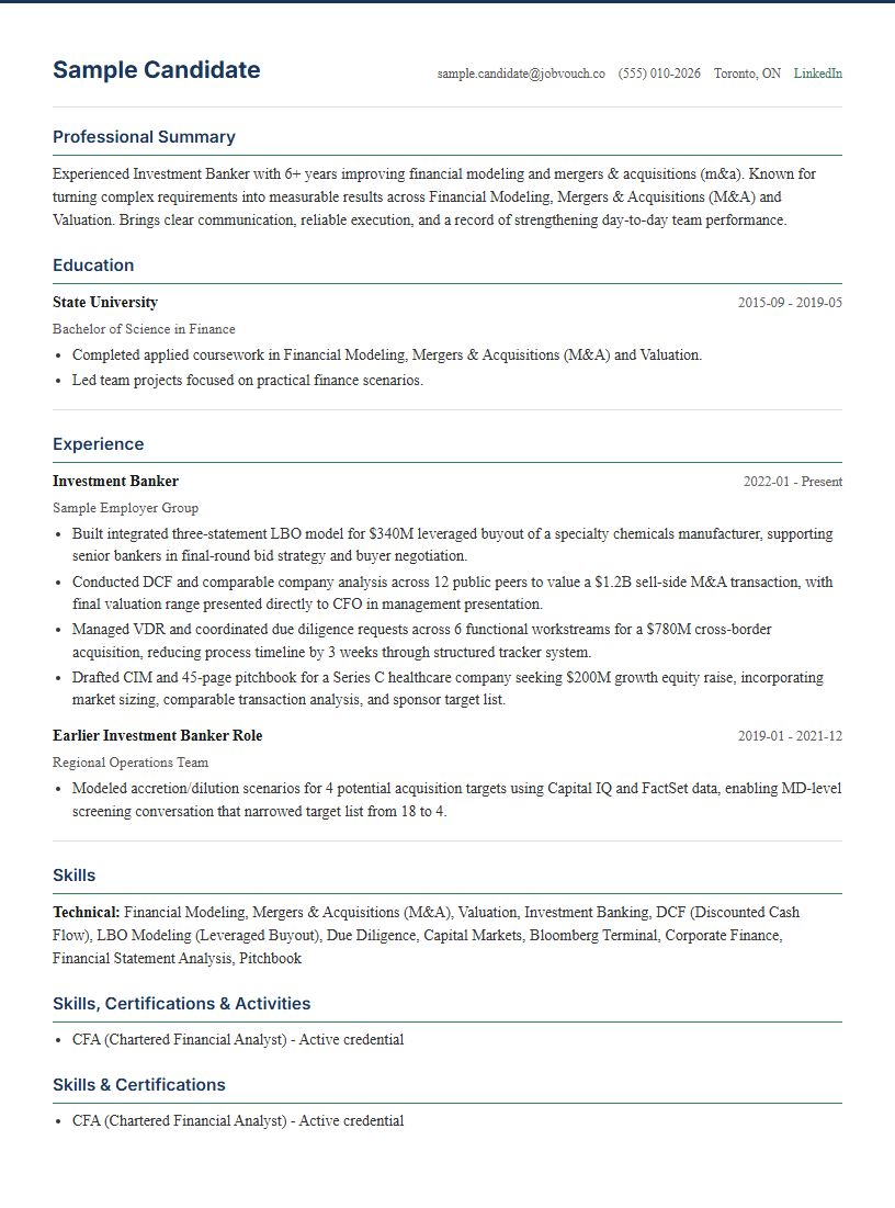 Investment Banker resume template preview