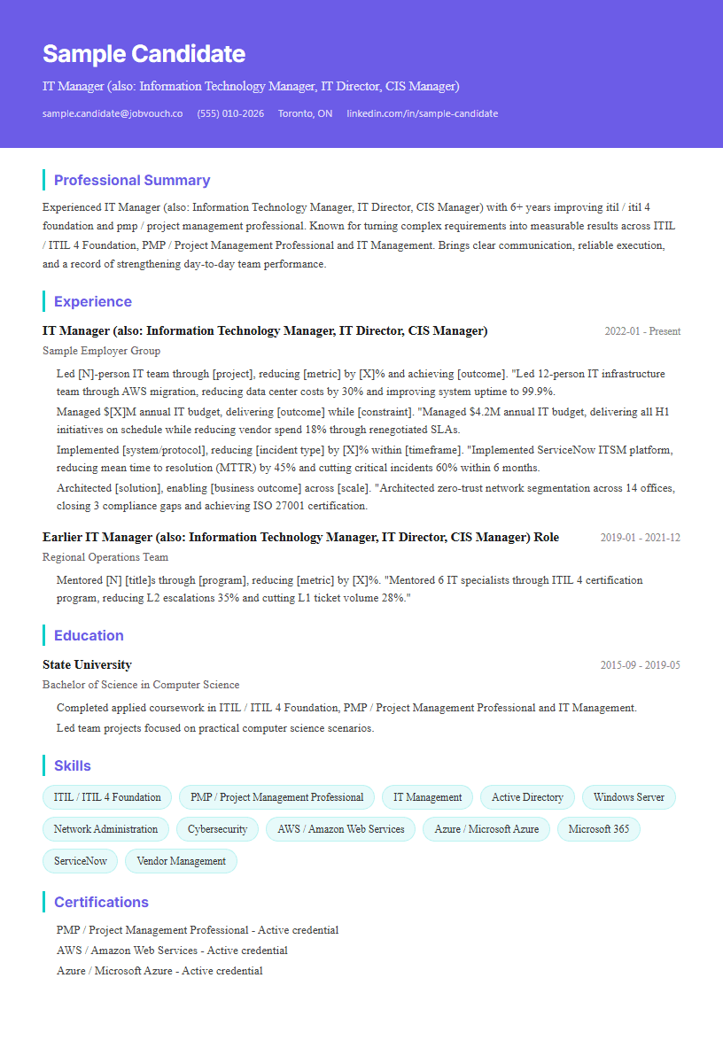 IT Manager (also: Information Technology Manager, IT Director, CIS Manager) resume example preview