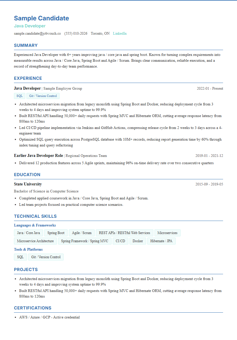 Java Developer resume template preview
