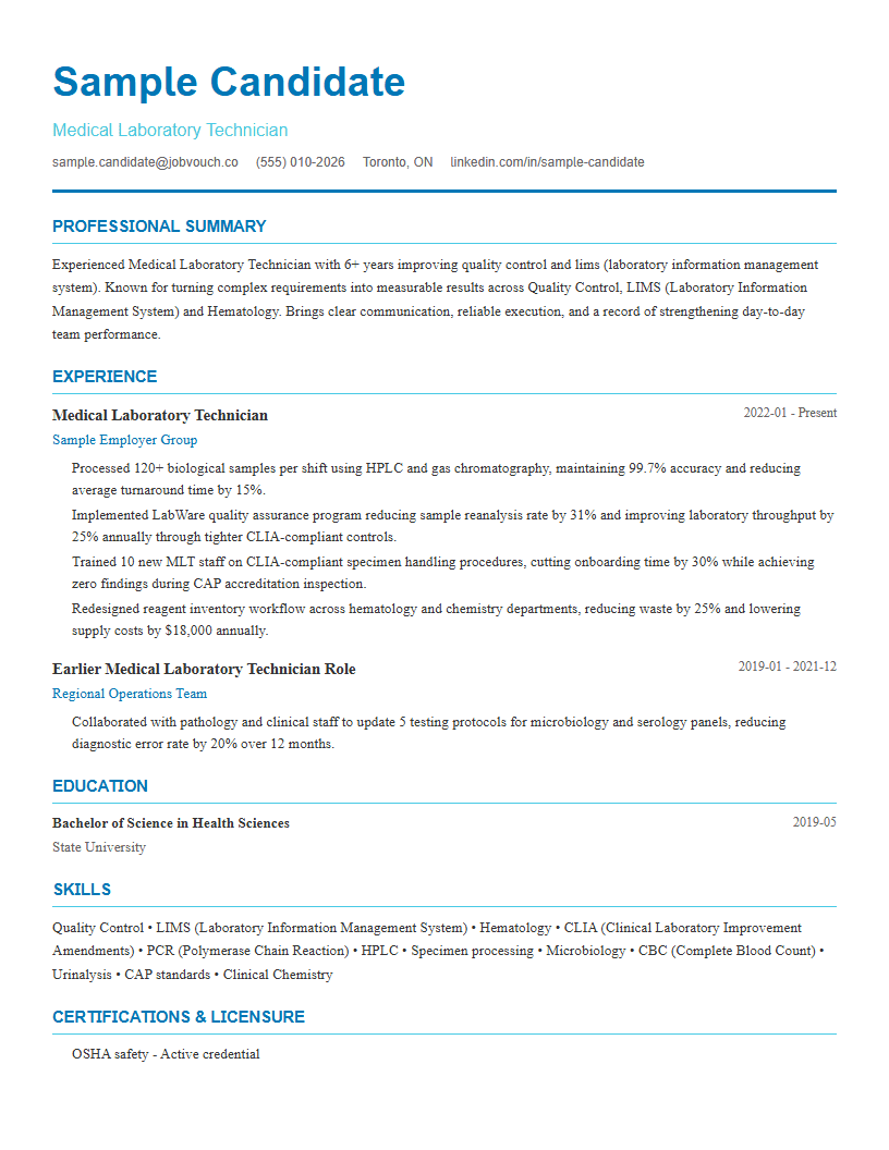 Medical Laboratory Technician resume template preview