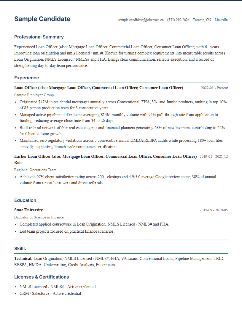 Loan Officer (also: Mortgage Loan Officer, Commercial Loan Officer, Consumer Loan Officer) resume template preview