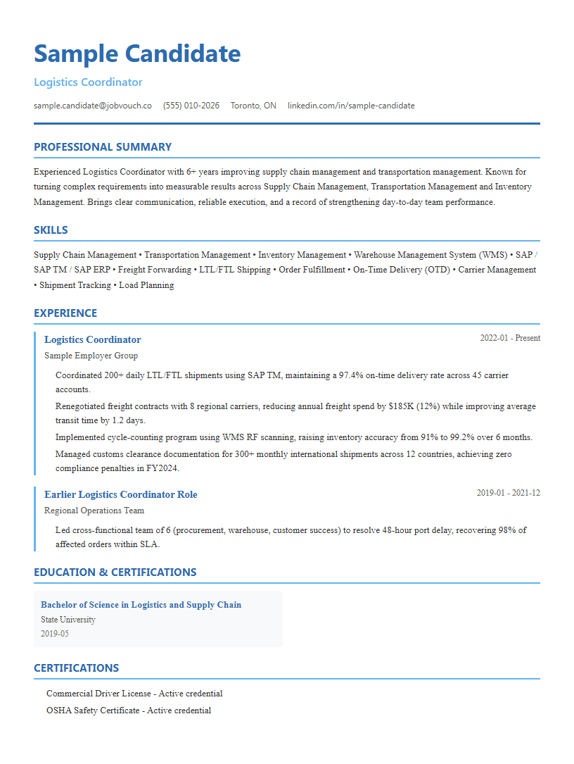 Logistics Coordinator resume template preview