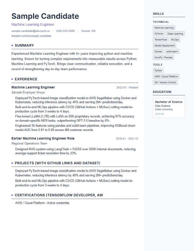 Machine Learning Engineer resume template preview